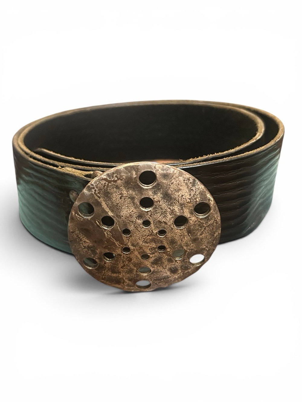 CYDWOQ Leather Belt With Round Metal Buckle with Holes Unique